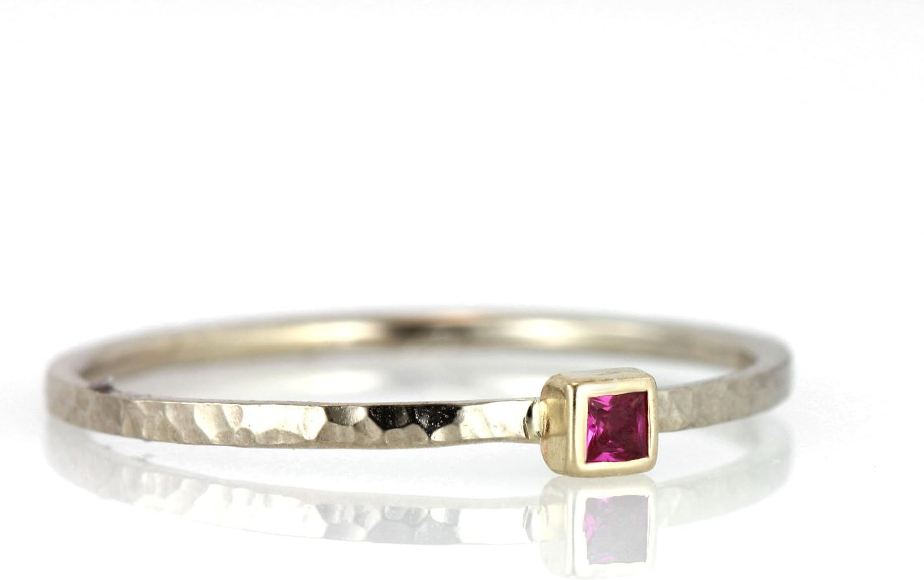 Petite Square Green Tsavorite Garnet Two Tone Hammer Texture Stacking Minimalist Ring - 14k Palladium White Yellow Rose Gold - Wedding Engagement Promise Ring