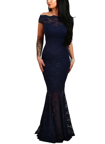 Z-one Damen Ärmellos Schulterfreies Spitzenkleid Fishtail Büro Cocktail Kleid Meerjungfrau Formelle Lange Abend Maxi Kleider
