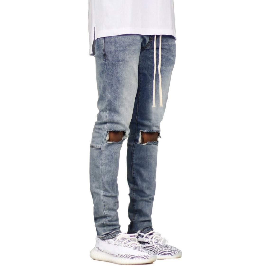 LinkShowMen Distressed Slim Fit Luxury Straps Solid Jean Trousers Jeans Men