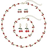 YAHPERN Cherry Necklace Bracelet Earrings for Women Summer Fruit Jewelry Set Cherry Accessories Summer Beach Outfit Party Favors Gifts