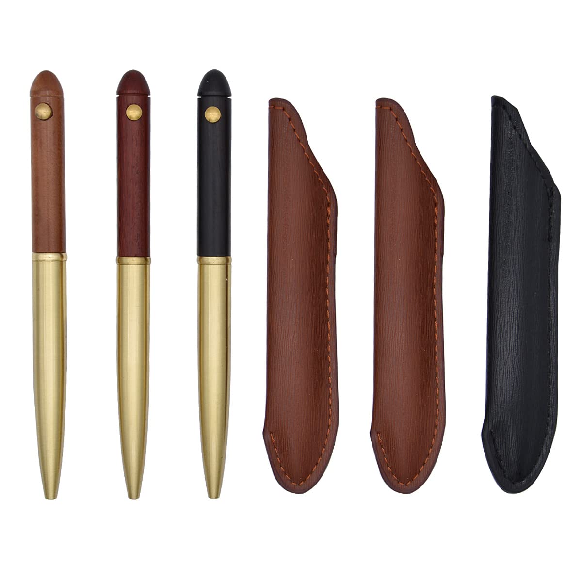 SIPLIV Handcrafted Brass Wooden Ballpoint Pen Gel Ink Pen Black Ink Business Gift Pen with PU Leather Pen Pouch - Set of 3 (Black, Brown, Brown-red)