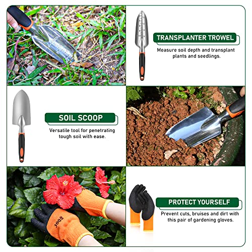 Aicharynic Gartenwerkzeug Set, 6 in 1 Aluminium Gartengräte Set, Ausgestattet mit Anti-Rutsch-Griff, Gartenhandschuhe, Garten Zubehör Geschenk für Balkon und Terrassengärtner