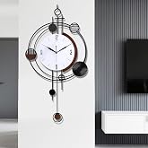 Gilacco Wall Clock with Pendulum, Silent Quality Quartz Battery Operated, Round Analog Large Wall Clock for Living Room Kitchen Bathroom Bedroom Wall Home Decor, 15.4x28inch, Black