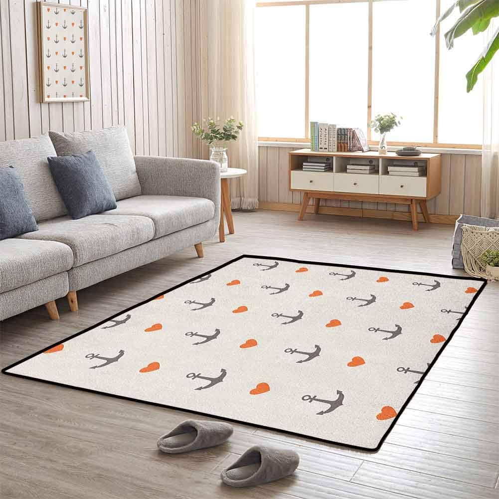 Throw Rug, with Non-Slip Rubber Backing Fashions Natural Style for Girls Rooms Kids Rooms Nursery, Anchor | Anchors and Hearts Sweet Romantic Beach Holiday Party Gathering Leisure Tour - 3'x5'