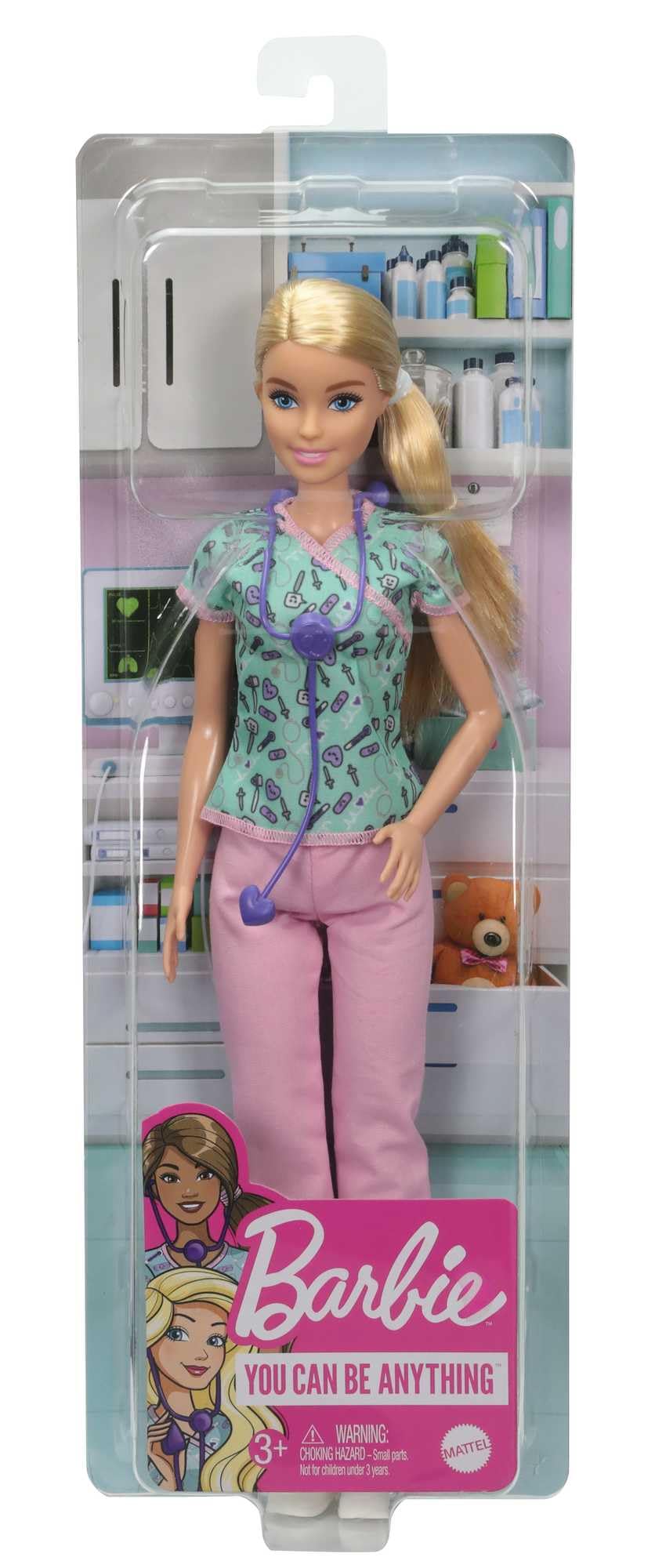 Barbie Nurse Blonde Doll (12-in/30.40-cm) with Scrubs Featuring a Medical Tool Print Top & Pink Pants, White Shoes & StethoscopeAccessory, Great Gift for Ages 3 Years Old & Up