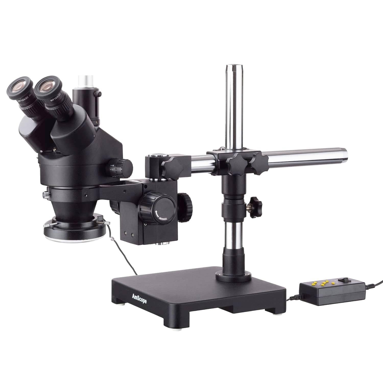 AmScope SM-3TZZ-144A-B 3.5X-180X Black Trinocular Stereo Zoom Microscope on Single Arm Boom Stand + 144 Direction Adjustable LED Ring Light
