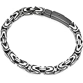 COOLSTEELANDBEYOND Silver Black Byzantine Chain, Satin Finished, Square Braided Link Bracelet for Mens, Stainless Steel