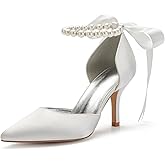 Women's Pearl White Wedding Shoes for Bride High Heels Pointed Toe Bridal Shoes Satin Prom Party Dress Pumps Sandals