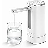 GentleJet Automatic Water Dispenser Pump for 5 Gallon Bottle with Stand, Digital Display, USB-C Rechargeable Water Jug Pump, Measured & Continuous Dispensing, Foldable Spout (White - Silver)