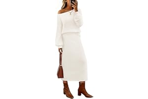 MEROKEETY Women's 2025 Fall Fuzzy 2 Piece Outfit Winter Long Sleeve Off Shoulder Pullover Top Midi Skirt Matching Lounge Sets