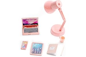 AYDINIDS 7 Pcs Miniature Laptop Tablet Phone Mini Books Desk Lamp Miniature Office Mini House Accessories, Pink