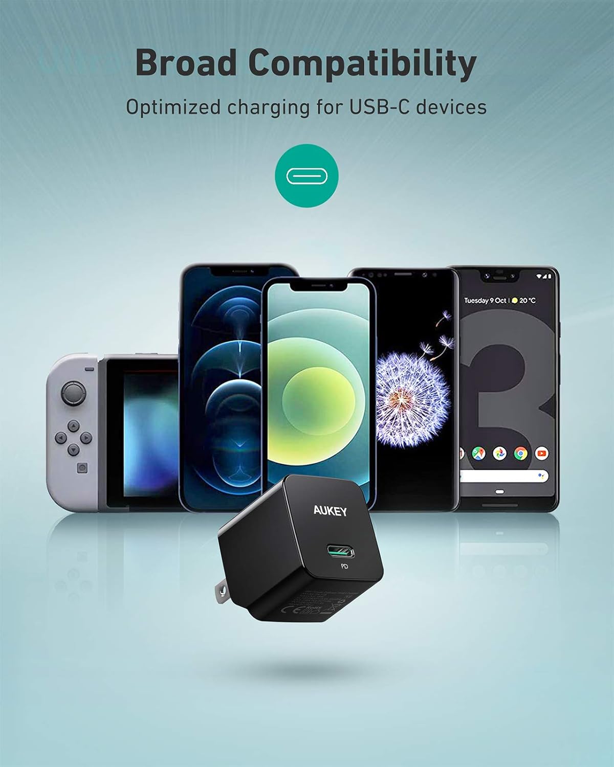 USB C Charger, AUKEY Minima Fast Charger with Foldable Plug, Ultra Compact USB C Wall Charger for iPhone 12/ 12 Mini/12 Pro Max, AirPods Pro, Samsung, Pixel 4-Black (Cable Not Included)