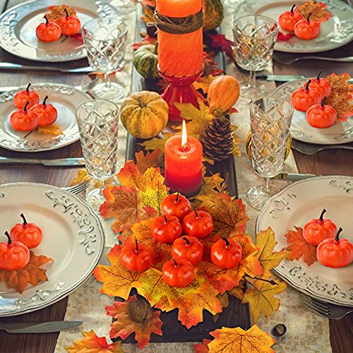 HAKACC 48 PCS Mini Fake Pumpkins Mini Artificial Pumpkins with 30 PCS Fake Maple Leaves, Small Cute Realistic Foam Pumpkin for Halloween Decoration, Fall Harvest Thanksgiving Party Decoration