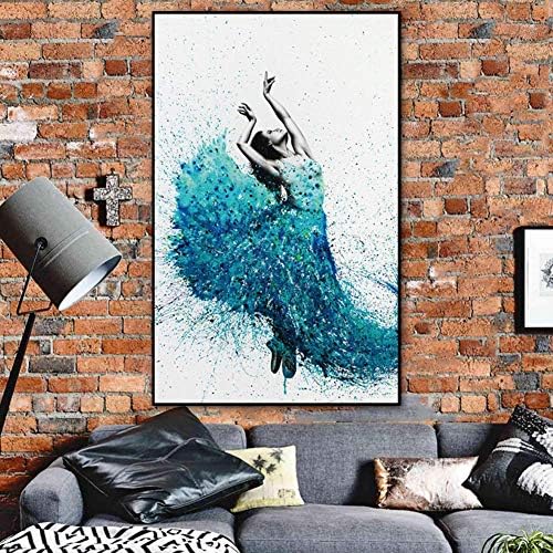 Hanging Painting Artwork Paintings Prints On Canvas Girl Dancer Wall Art Painting Modern Ballet Dancing Abstract Blue Skirt Artwork Home Decorations For Living Room Hallway Framed And Stretched,60X90c