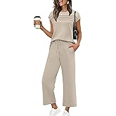 WIHOLL Two Piece Sets for Women Summer Travel Vacation Outfits Cap Sleeve Lounge Matching Sets Wide Leg Pants S-3XL