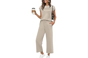 WIHOLL Two Piece Sets for Women Summer Travel Vacation Outfits Cap Sleeve Lounge Matching Sets Wide Leg Pants S-3XL