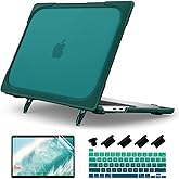 Batianda Heavy Duty Case for MacBook Pro 13 inch 2022 2020 Release A2338 M2 M1 A2289 A2251, Ergonomic Foldable Kickstand (Holds 22lbs) Matte Translucent Shockproof Cover with Spare Parts, Deep Teal