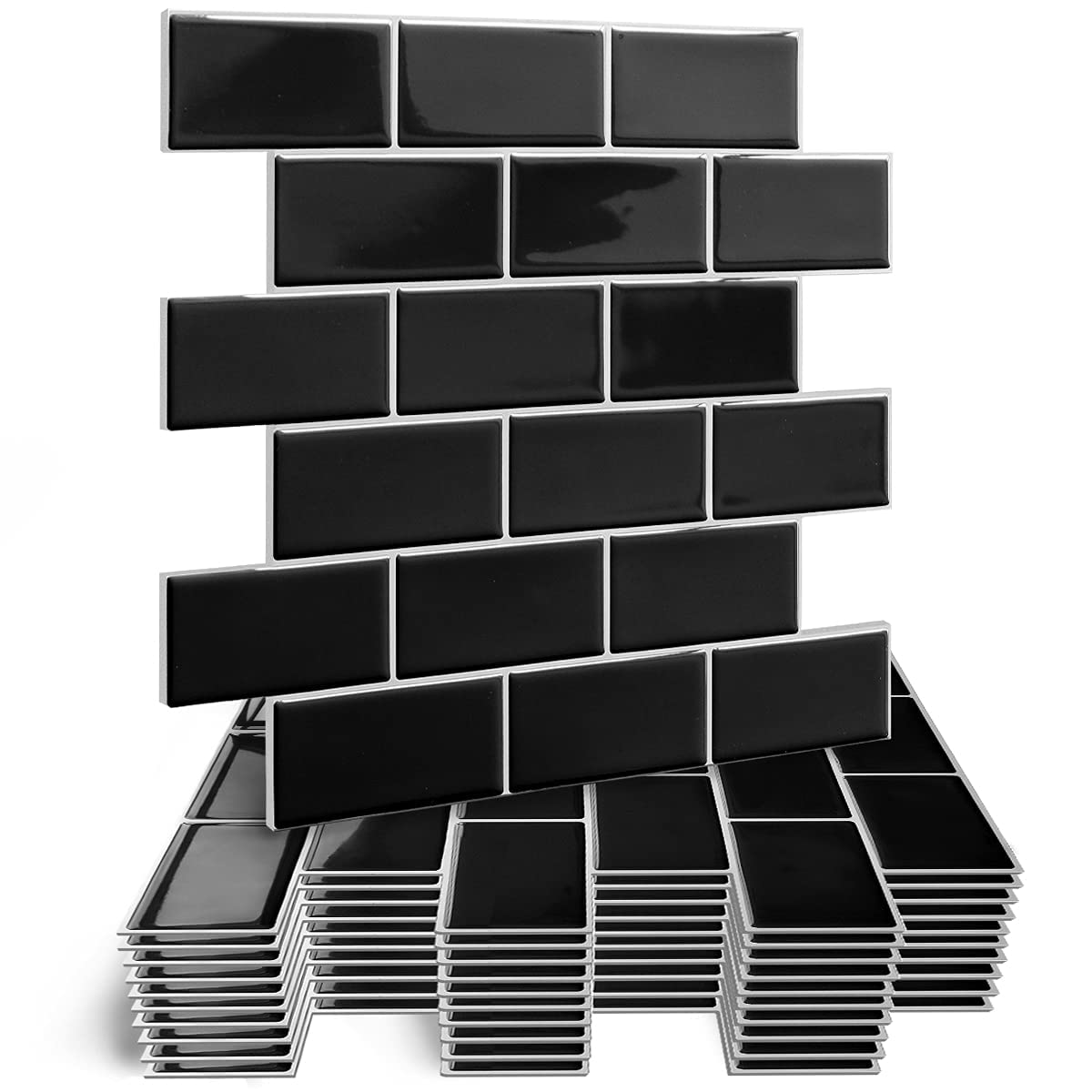 HyFanStr Thickened Self Adhesive Wall Tiles Kitchen Backsplash, Waterproof Stick, 3D Peel and Stick Bathroom Subway Tiles (10, Black)