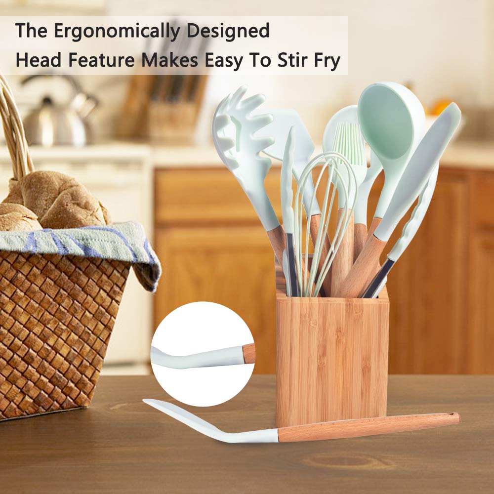 Silicone Cooking Utensils with Holder, Kitchen Utensil Set,Yostyle 9-Piece Cooking Utensils & Spatulas Set with Bamboo Wood Handles for Nonstick Cookware, Utensils Holder Included(BPA Free)