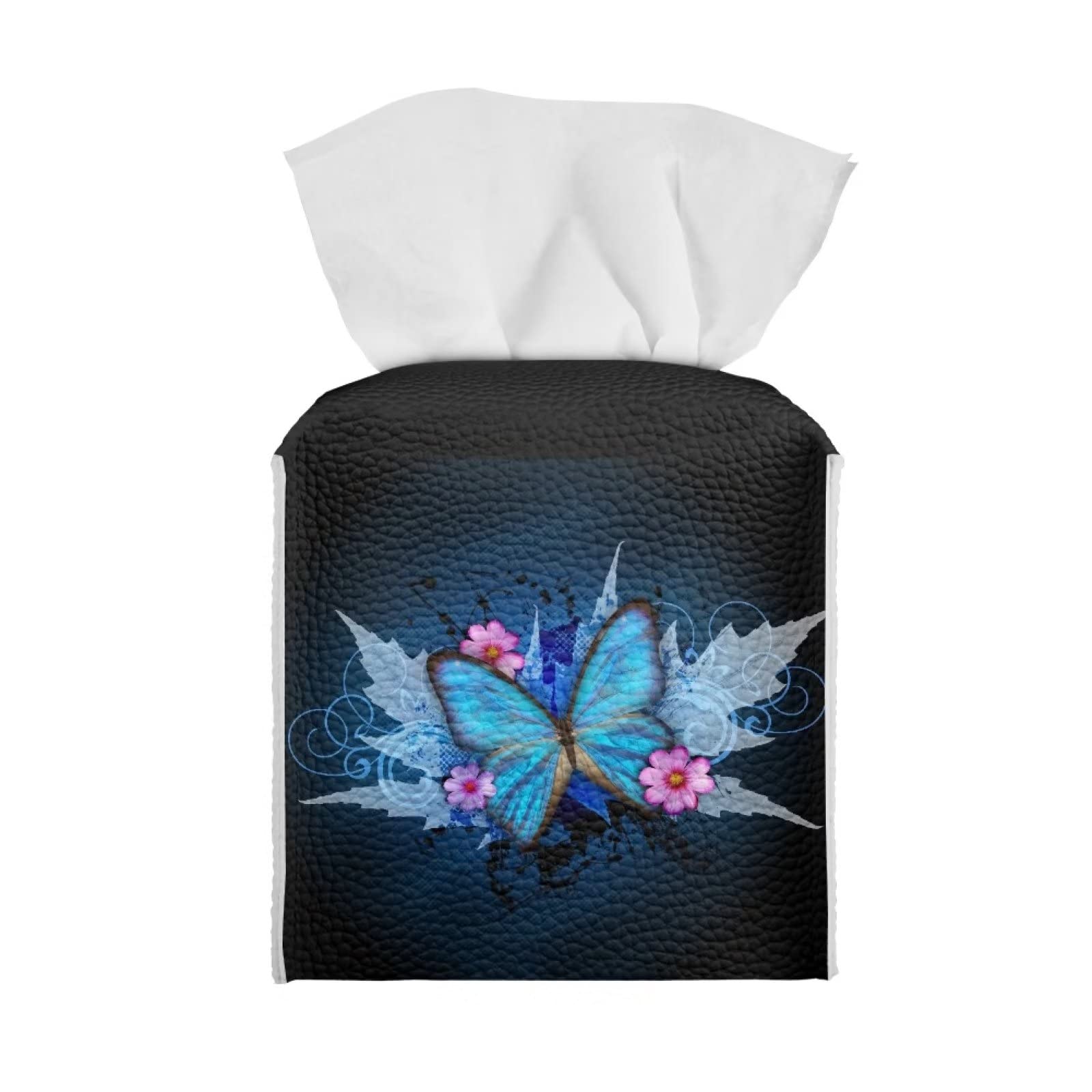 Poceacles Blue Butterfly Flower Tissue Box Cover, Leather Holder with Bottom Belt, Square Organizer Dispenser Cube Covers for Home/Office/Bathroom