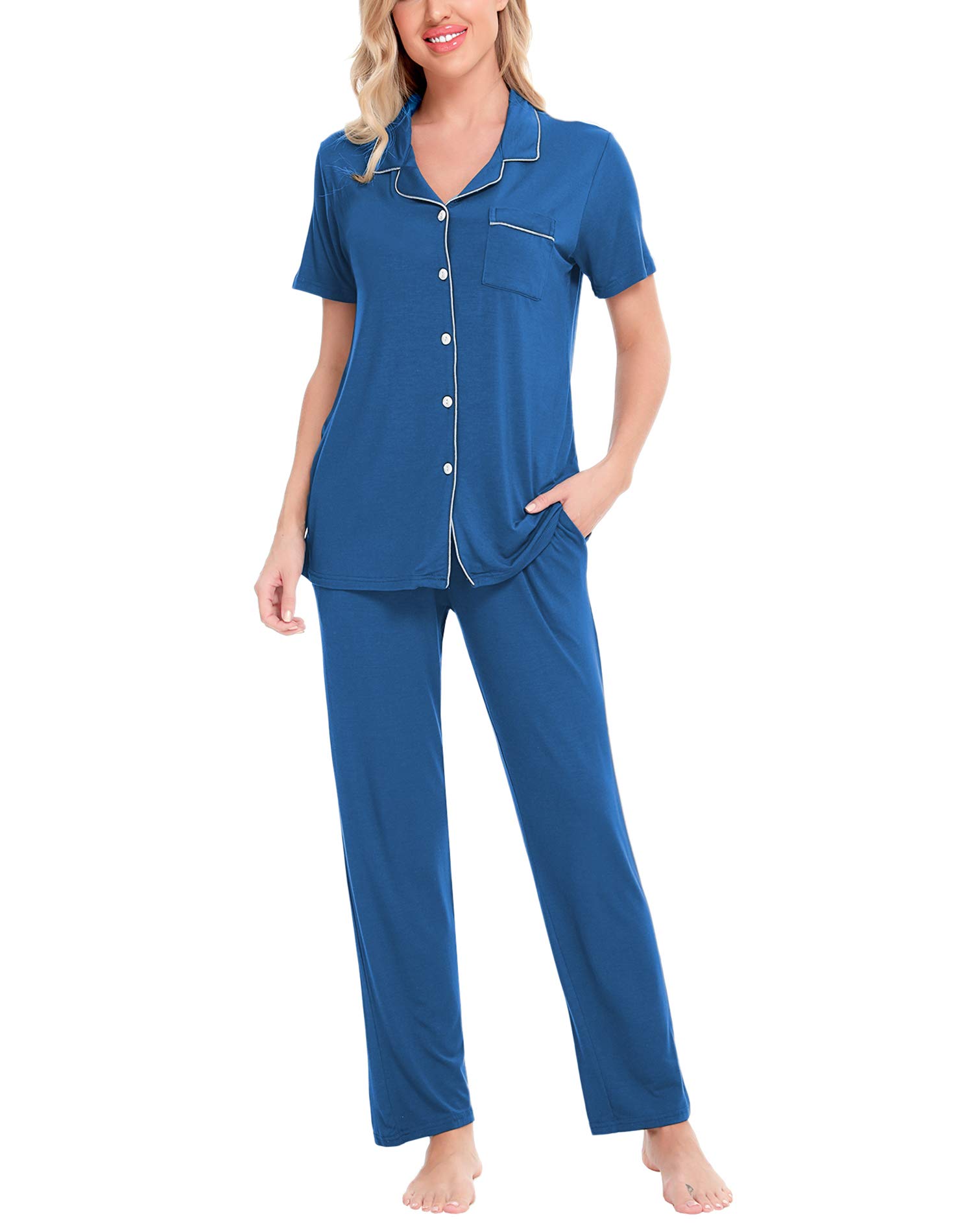 SWOMOG Women Pajama Sets Two-Piece Nightwear Short Sleeve Sleepwear Button Down Pj Lounge Sets with Long Pants Royal Blue Image