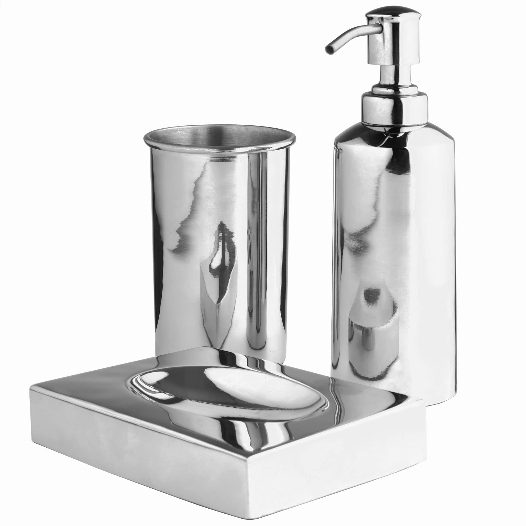 OurHouse Three Piece Bathroom Caddy Set, Accessories Toothbrush Holder, Easy-fill Handwash Lotion Soap Dispenser & Soap Dish, Stylish Colours, Easy Clean, Modern & Clean Suits Any Bathroom (Chrome)