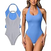 OQQ Women Halter Neck Bodysuits 2 Pack Sleeveless Shapewear One Piece Leotard Shirt Going Out Tops