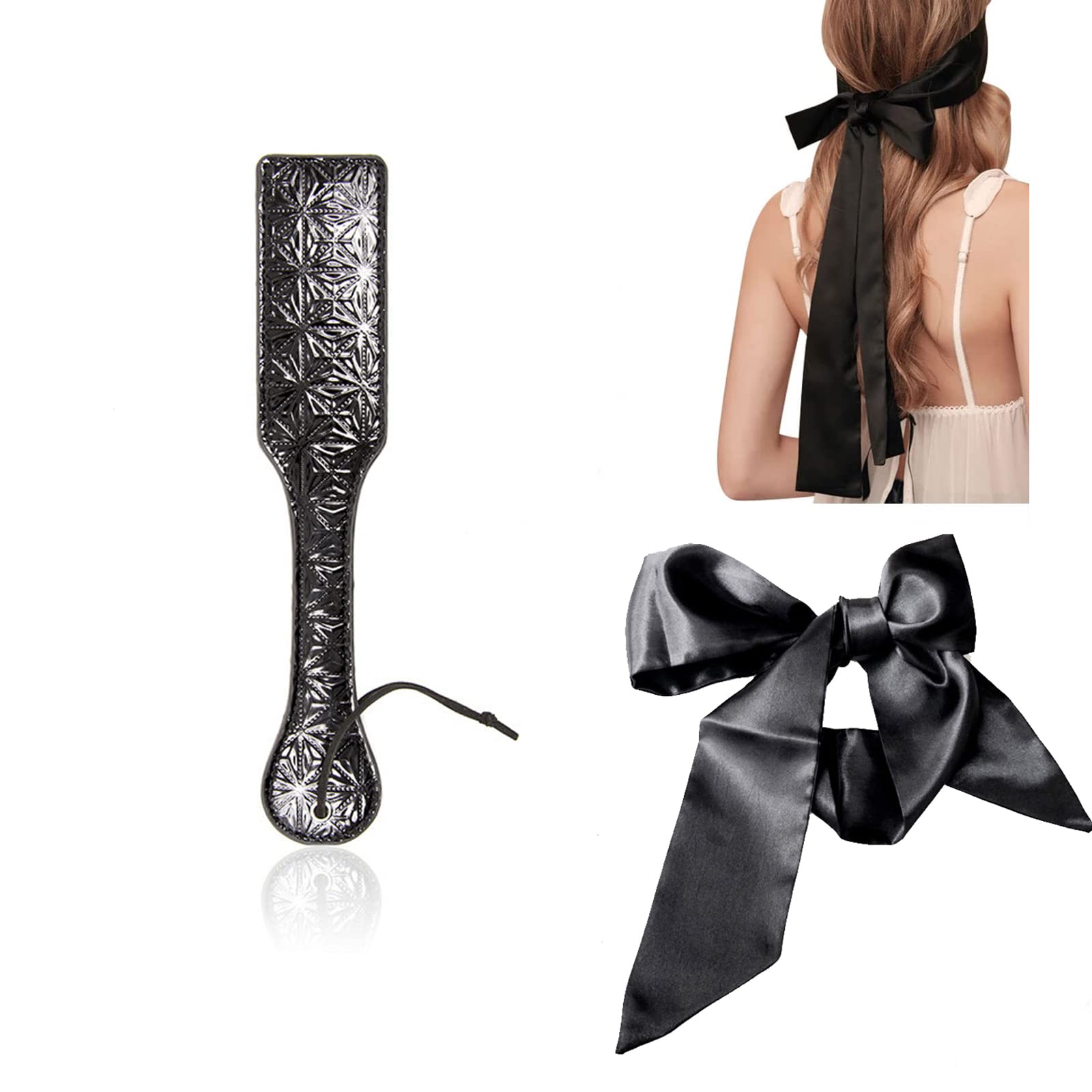 LOCKISH Spanking Paddle,Short Riding Whips With fun+2 pcs Silk Satin Blindfold Eye mask for Sleeping Games(BLACK)