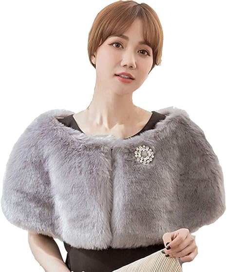 Amazon Jinpin レディース ショール ストール パーティードレス フェイクファーショール フォックス ファー 秋冬 防寒 豪華 結婚式 フォーマル 成人式 披露宴 グレー ｆ スカート 通販
