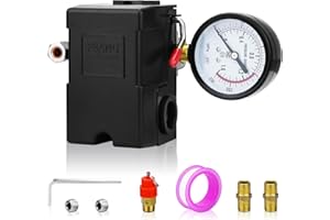 FBANG Air Compressor Pressure Switch Control Valve 135-175 PSI，Horizontal 4-way Switch with a Large Pressure Gauge, Air Compressor Replacement Parts 110V-240V (American Pattern)