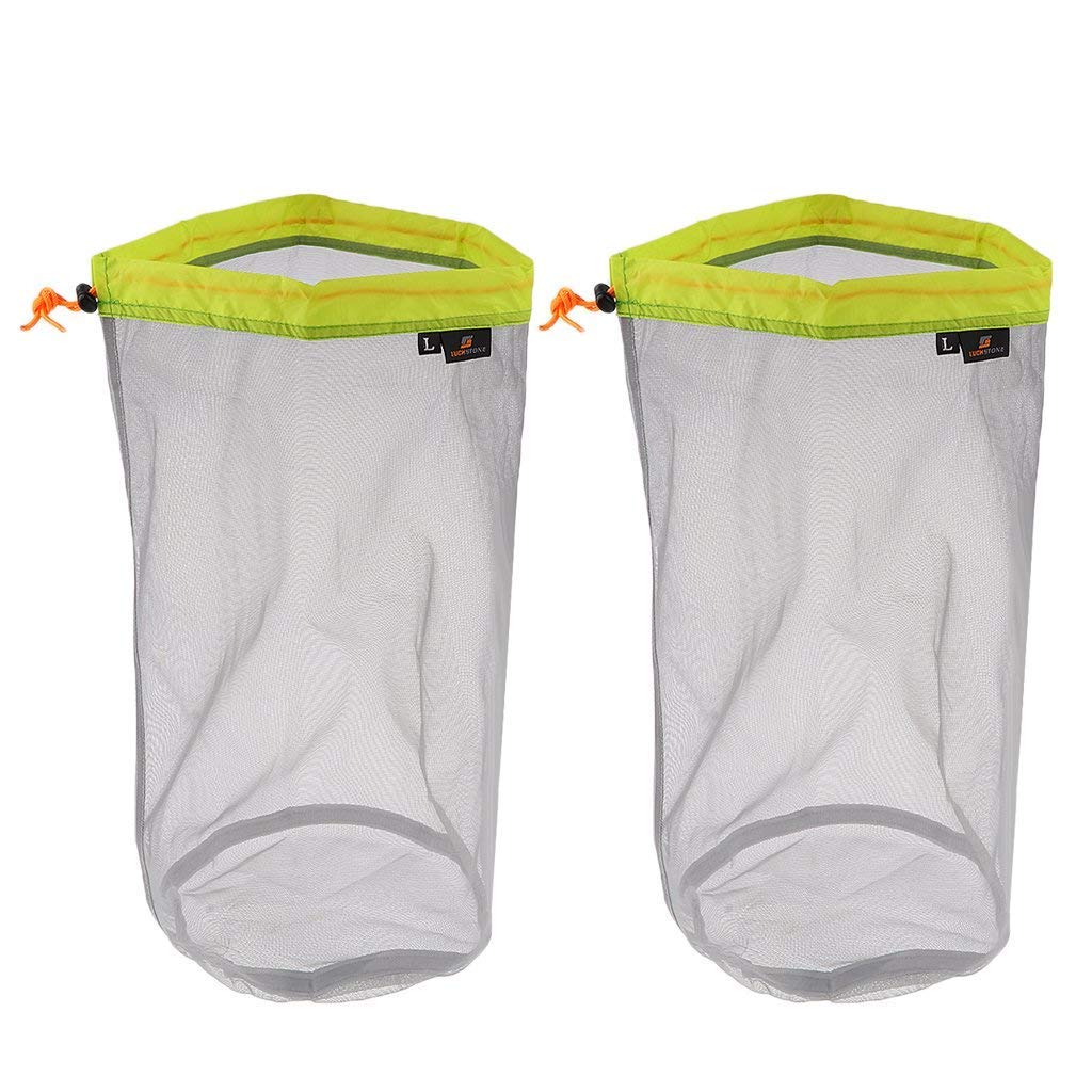 2pcs Mesh Drawstring Storage Bag Nylon Sliding Reusable Stuff Sack Mesh bag for Toys Food Travelling Hiking Camping (L,Green)