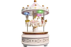 WEofferwhatYOUwant White Carousel Music Box – Elegant Rotating Horse Merry-Go-Round with LED Lights – Plays Beethoven’s Für E
