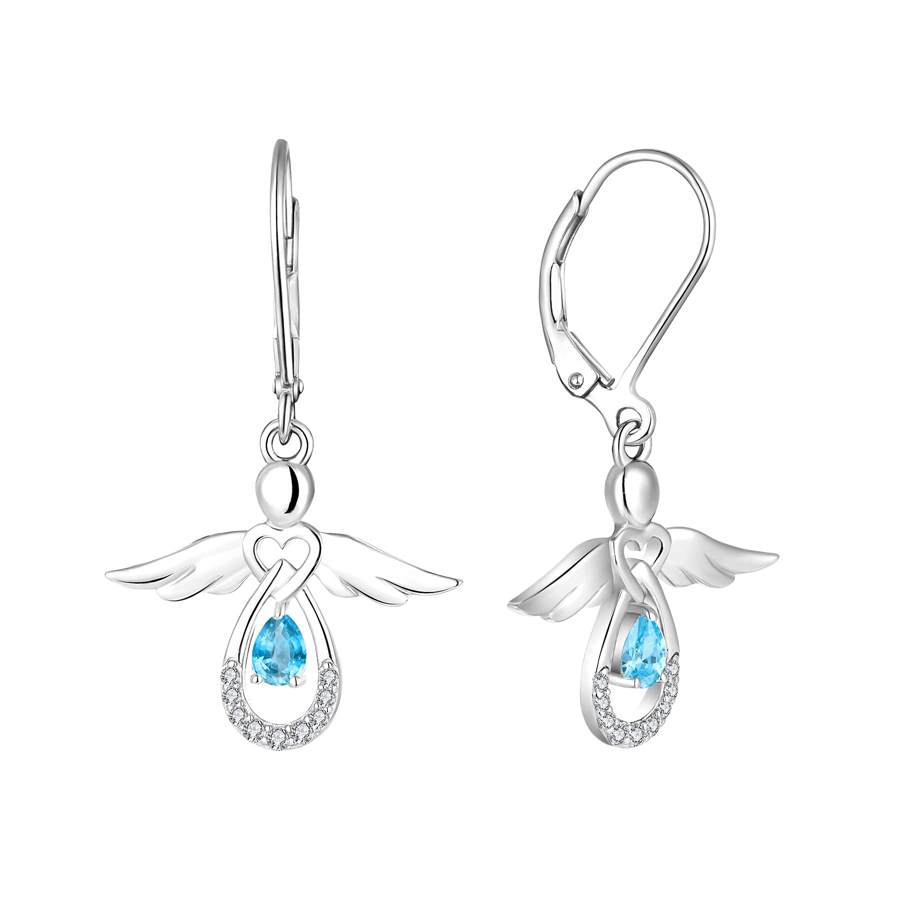 FJ Guardian Angel Earrings 925 Sterling Silver Leverback Dangle Drop Earrings Aquamarine March Birthstone Jewellery for Women
