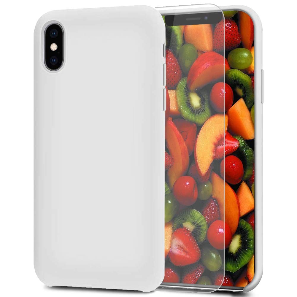 Feyten iPhone XS Max Case [with Free Tempered Screen Protector], Liquid Silicone Gel Rubber Soft Touch Cover Full Protective Case for iPhone XS Max 6.5" (Light Gray)