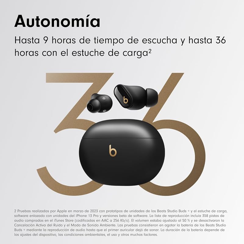 Beats studio buds+ (2023): fones de ouvido totalmente sem fio com cancelamento de ruído, melhor compatibilidade com apple e android, microfone integrado, bluetooth, resistência ao suor - preto/dourado
