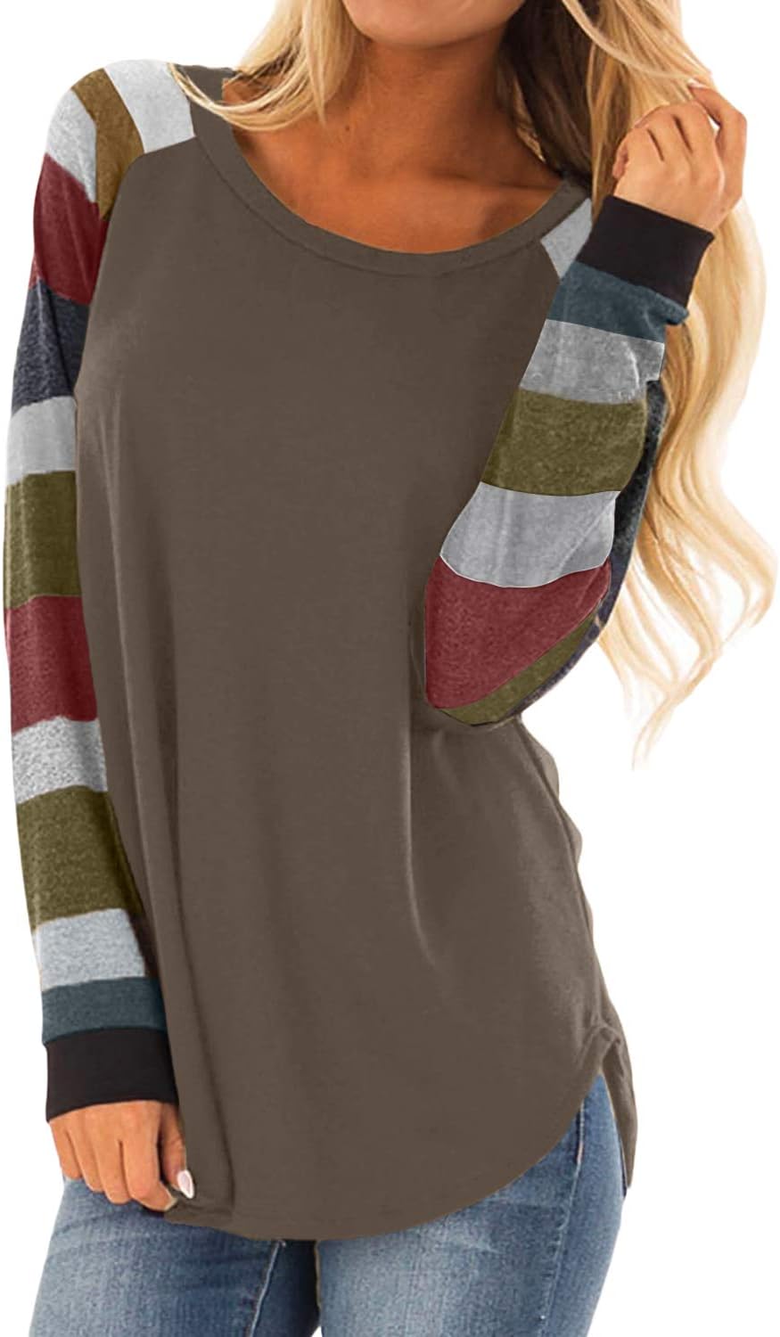 Womens Color Block Tunic Tops Crewneck Long Sleeve T-Shirt Casual Loose Shirt Blouses