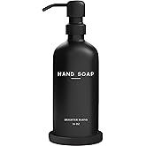 Black Glass Hand Soap Dispenser Bathroom Set by Brighter Barns - Bathroom Soap Dispenser Set with Tray and Stainless Steel Pump - Modern Decor for Kitchen, Hotel, Vacation Rental, Restaurants (Black)