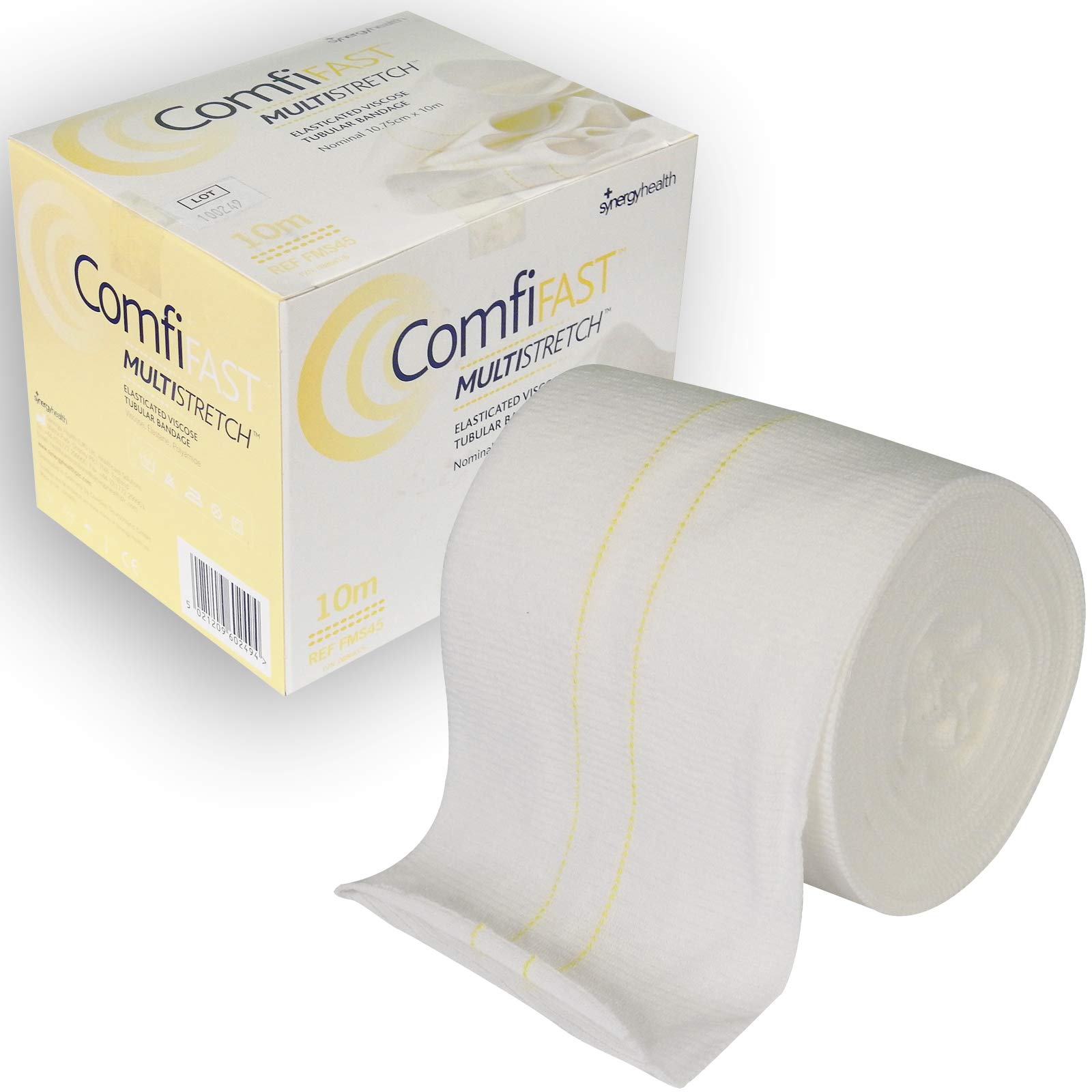 Comfifast Multi-Stretch Elasticated Elastic Tubular Bandage - for X-Large Limbs, Childs Trunk, Yellow Line 10.75cm (for Limb Circumference 35-65cm) - 10m Roll