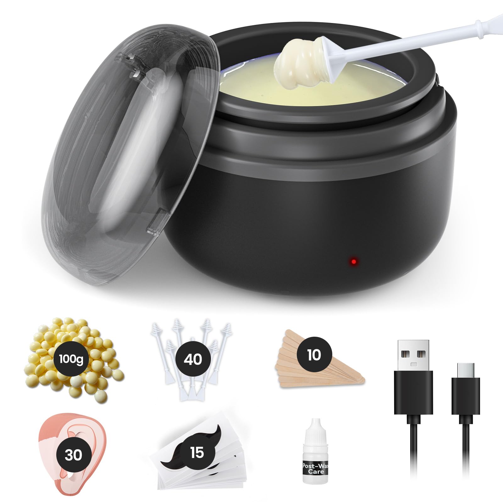 AUZEAL Nose Wax Kit Men, Ear Hair Removal For Men, Ear Hair Waxing Kit with 100 g Wax, 40 Nose Sticks, 20 Times Use, Usb Rapid Heating, Constant Temperature, Painless, Black