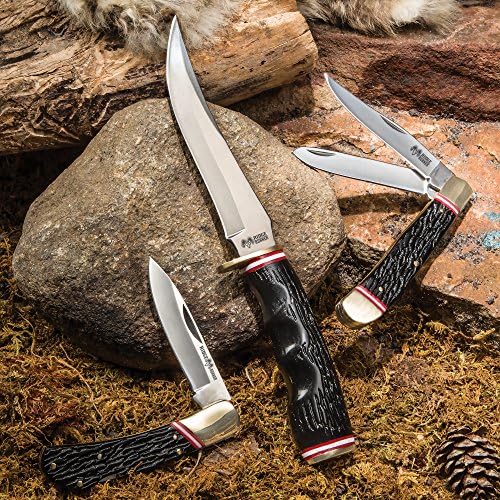 Ridge Runner Cinder Forge 3-Piece Knife Set - Trapper Pocket Knife, Lockback Folder, Fixed Blade / Bowie - Stainless Steel, Black Faux Staghorn, Brass - Box Set