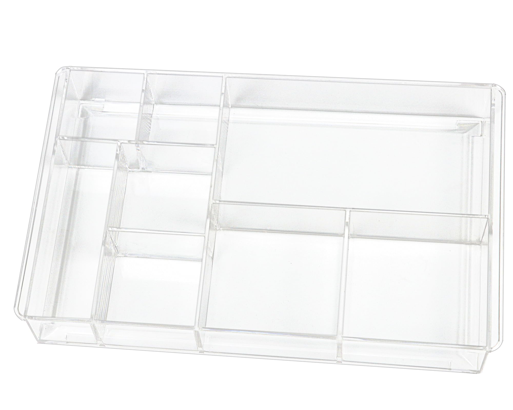 Photo 1 of ZEXALOR 8-Section Clear Drawer Organizer, Large Acrylic Drawer Divider Tray for Desk,Bathroom,Office Makeup,Junk, Plastic Drawers Organizer 13.7" x 8.7" x 2" (8-Section)