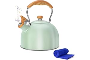 Foedo Tea Kettle Stovetop, 2.6 Quart cute teapot,loud whistle kettle, Food Grade Stainless Steel with Fold wood grain handle, Mint Green,With Anti Scald Towel