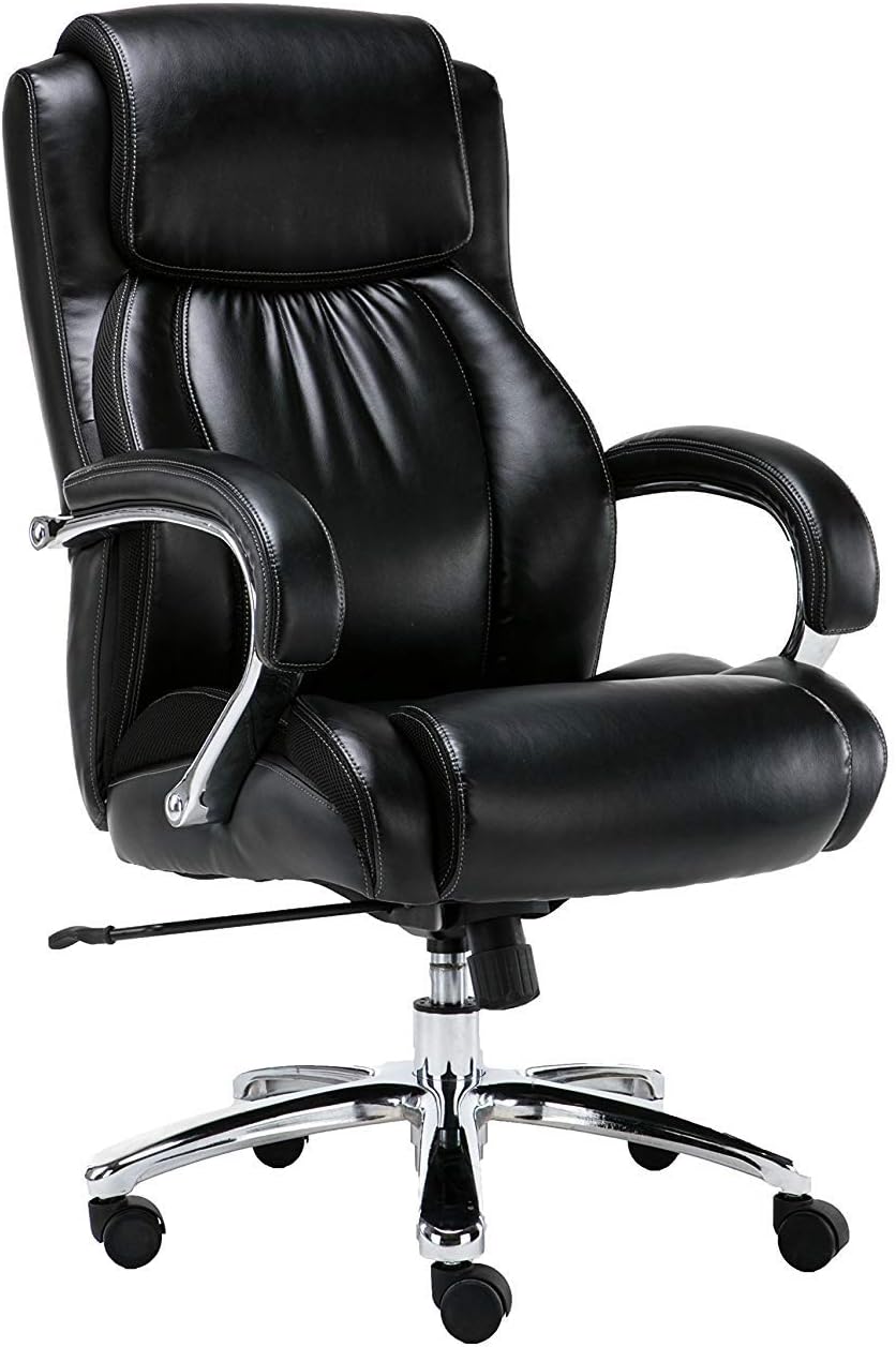Big and Tall 500 pounds Body Weight Support, Executive Office Chair, Heavy Duty Shiny Bonded Leather, Swivel and tilt, Chrome arms with Extra Thick Padding, Height Adjustment (Black)