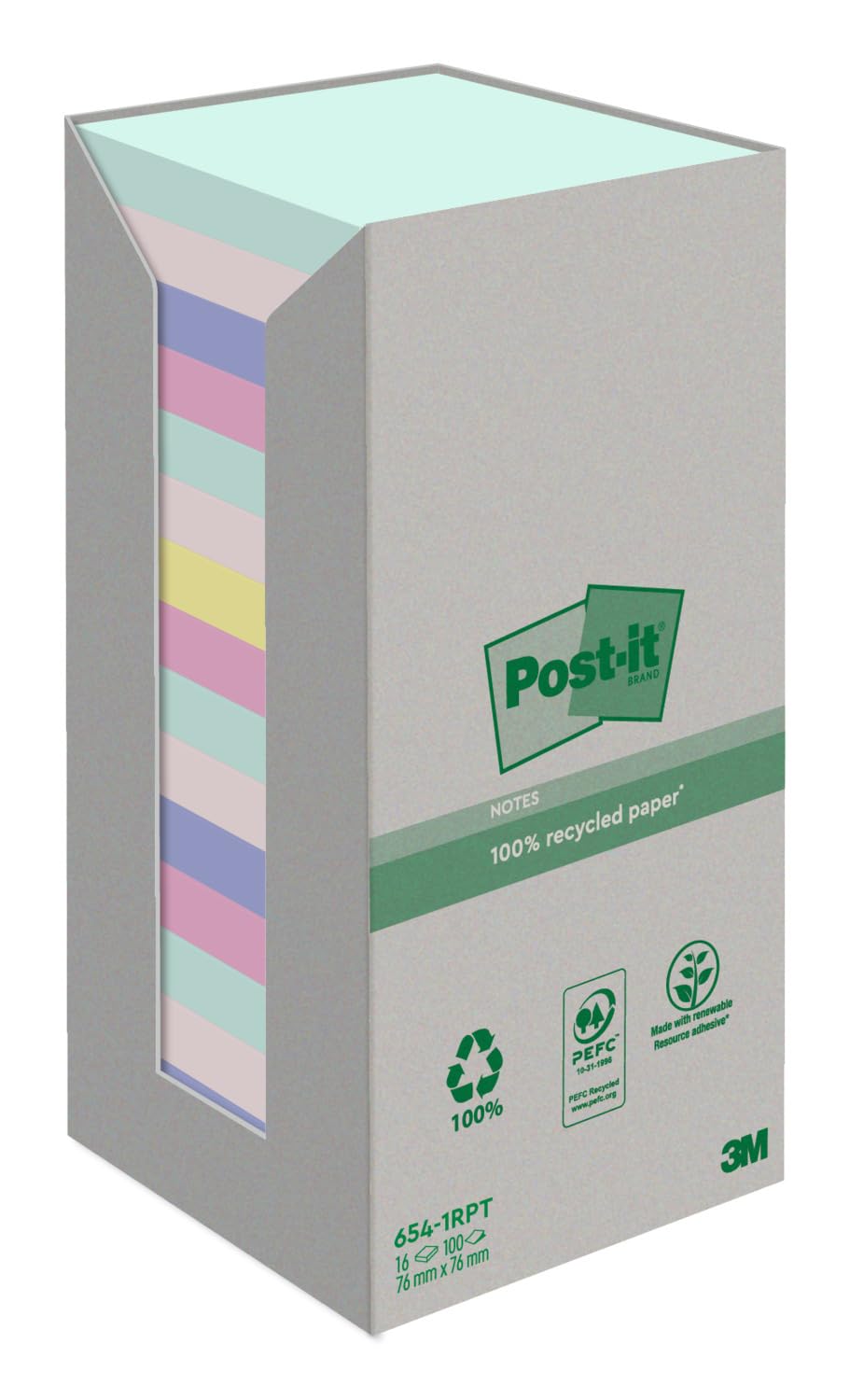 Post-it Recycling Notes Assorted Colours, Pack of 16 Pads, 100 Sheets per Pad, 76 mm mm x 76 mm, Green, Pink, Yellow, Blue - Self-Stick Notes Made from 100% Recycled Paper