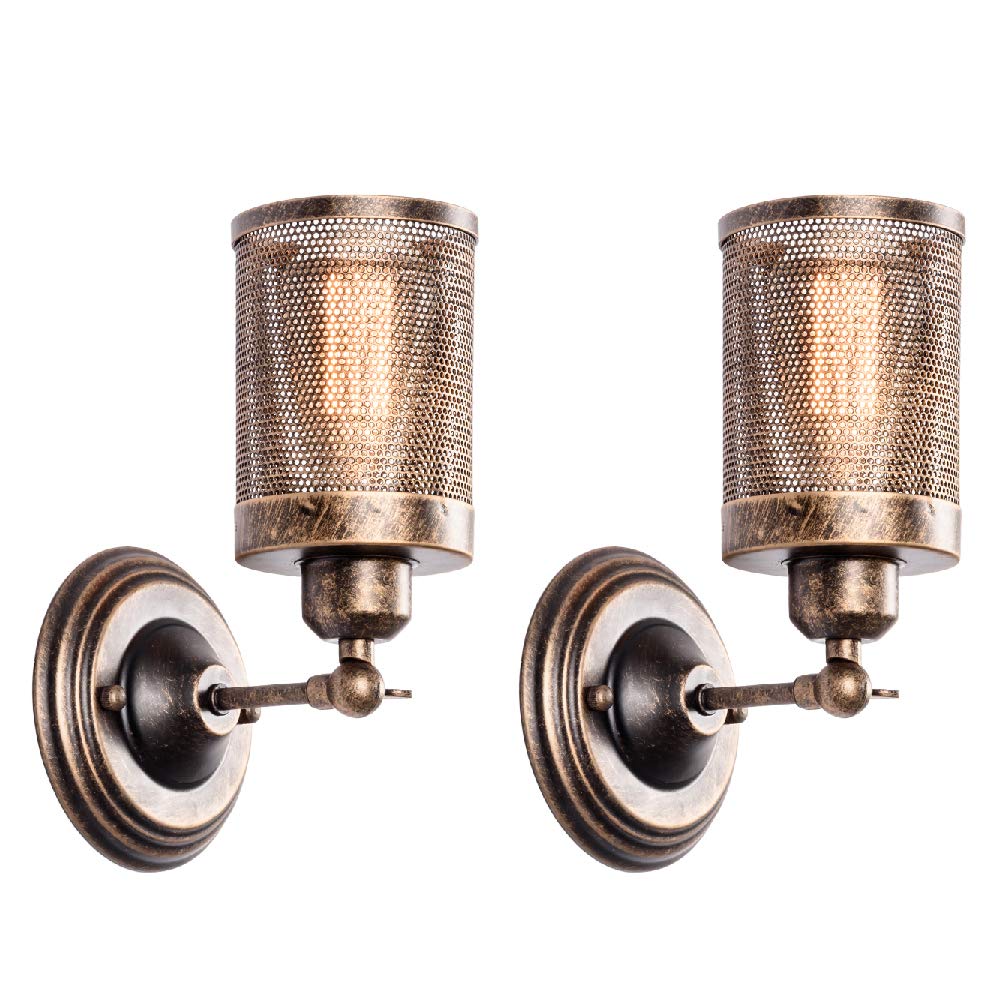 Industrial Wall Light 2 Pack, LULING Steampunk Metal Net Lampshade Interior Vintage Wall Lamp Adjustable Socket for Garage Gate Porch Hallway（NO Bulb）