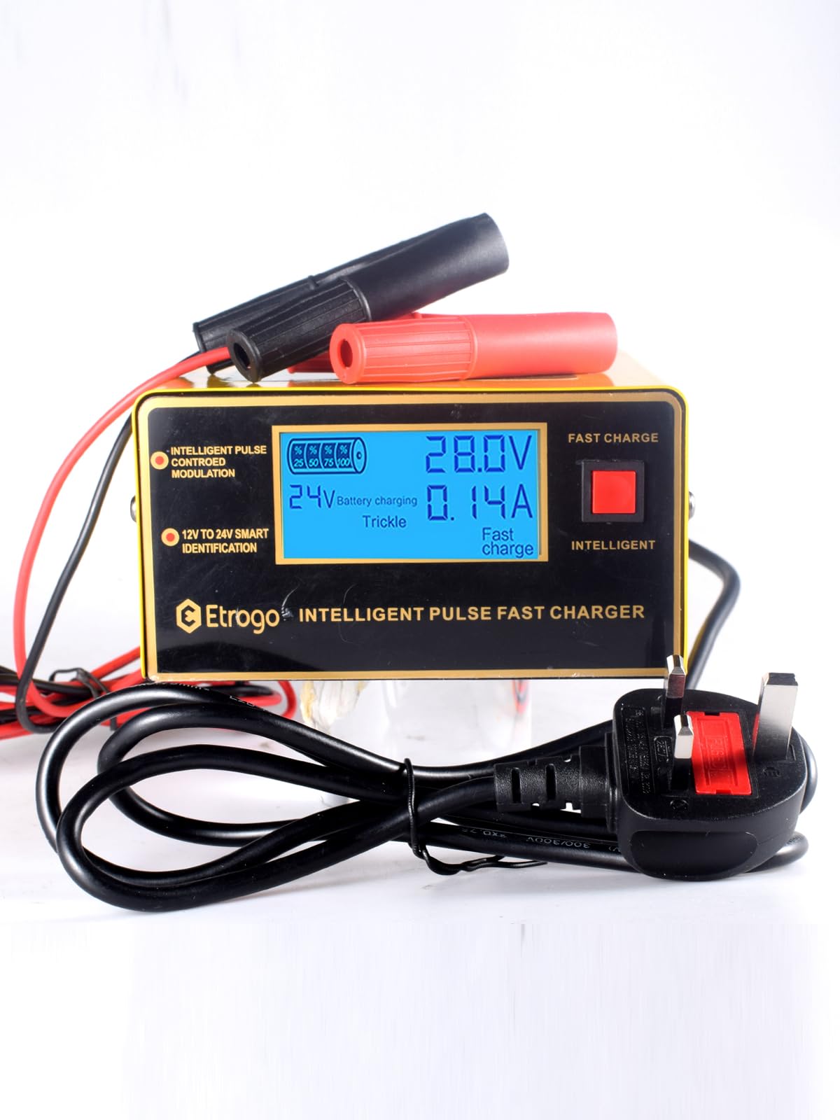 Etrogo 12V 24V Intelligent Battery Charger 10A with Large Display,Repair Funtion,UK Mains Powered,for GEL,VRLA,EFB,AGM,Flooded battery,Dry-charged battery for Car,motorcycles,trucks,buses