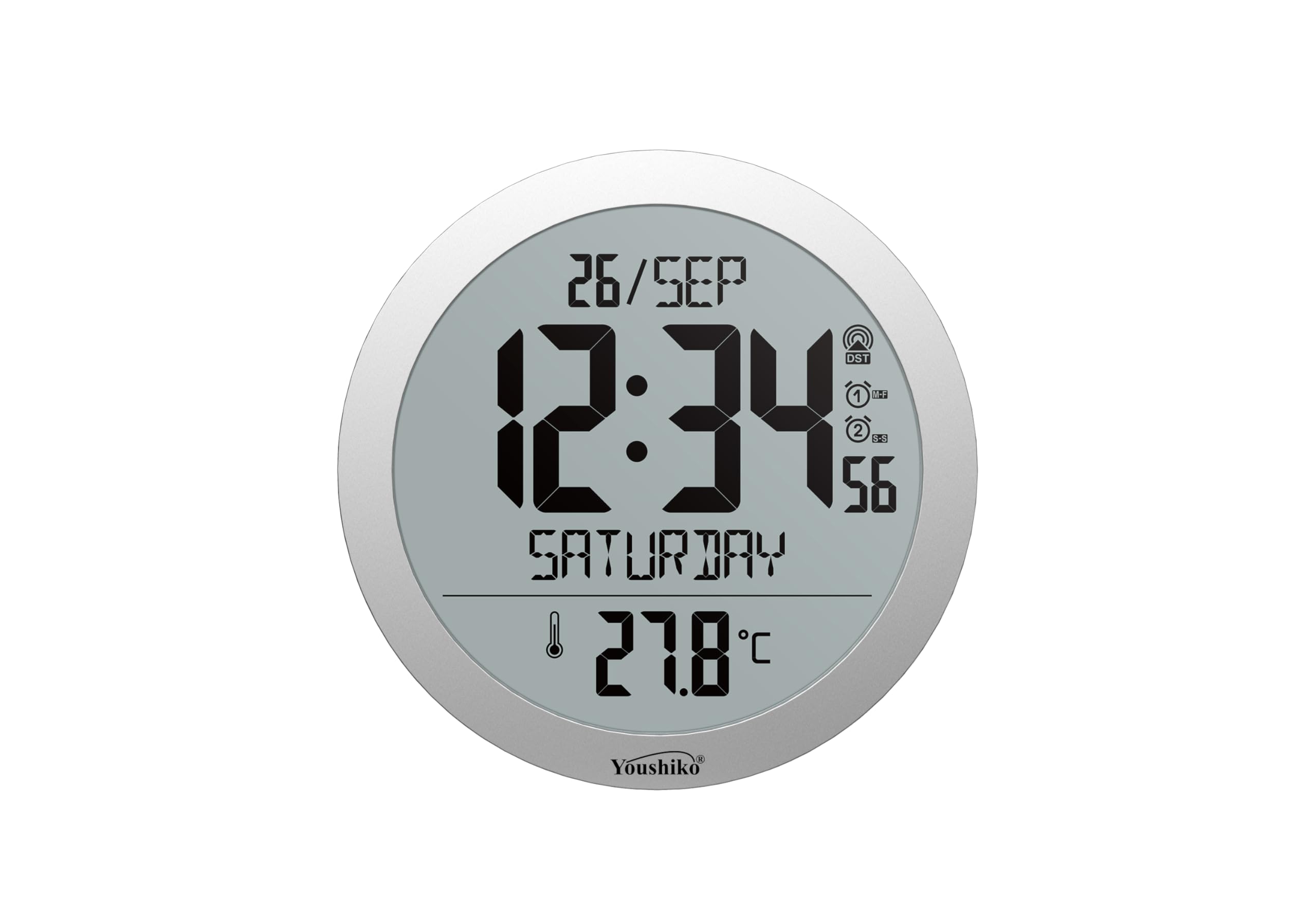 Youshiko Jumbo Large Radio Controlled Wall Clock (UK & Ireland Version/Premium Quality/Clear Display), Large Round, Temperature display (Silver)