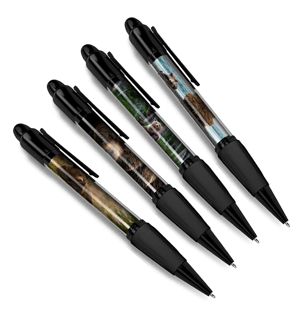 DV DESIGN Set of 4 Brown Bear Black Ballpoint Pens - Grizzly Animal Nature Wildlife Wild Travel Portrait Boys Girls Men Women Theme Pen #79426
