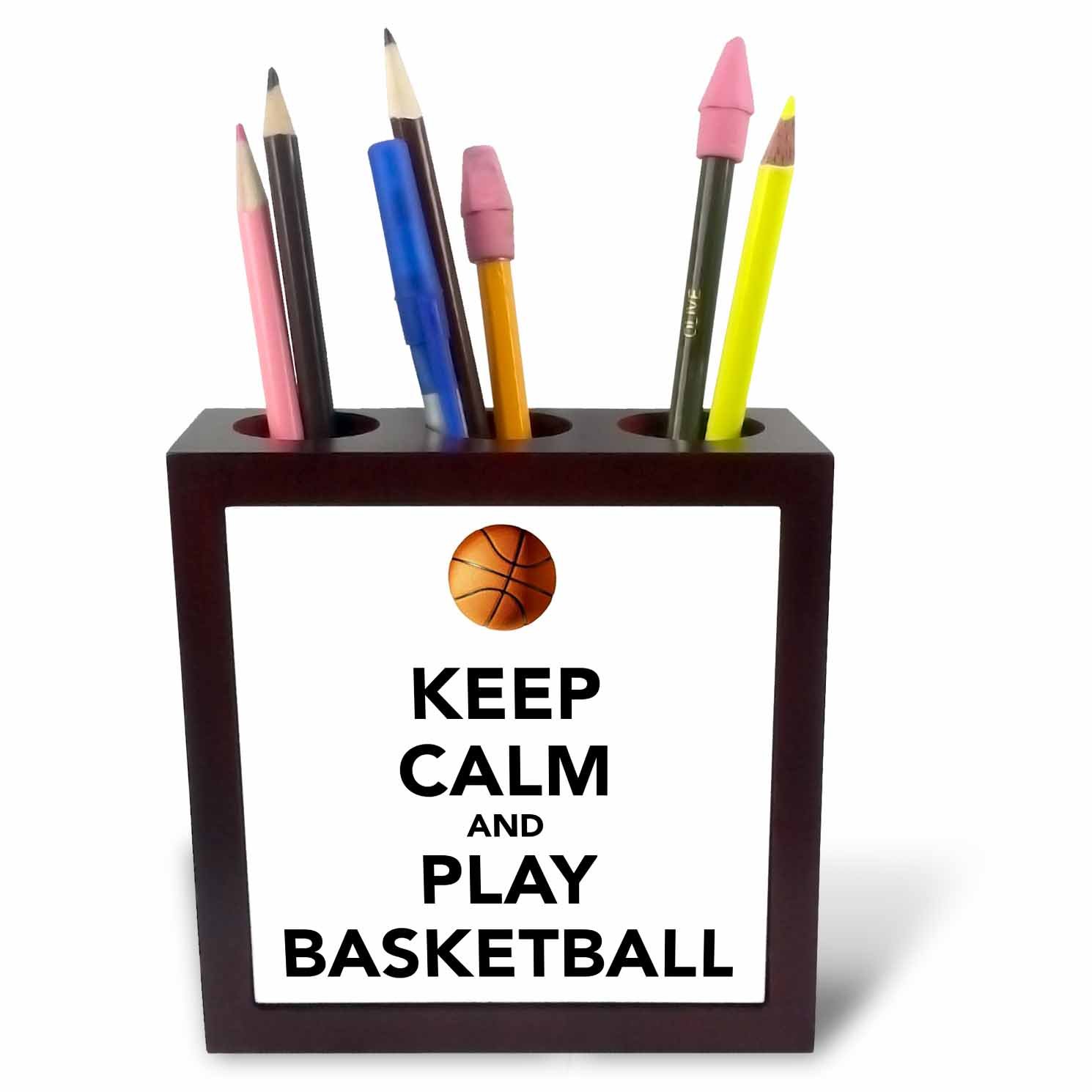 3dRose Keep Calm and Play Basketball, White and Black-Tile Pen Holder, 5-Inch (Ph_171918_1), 5 Inches