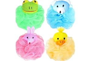 4 Pieces Animal Bath Loofahs Kids Loofahs and Sponges Cartoon Shower Loofah Cute Pouf Mesh Body Loofah Colorful Body Scrubber